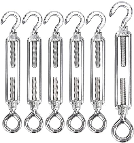 GothicBride 6 tenditori M6 in acciaio inox, tenditore con gancio e occhiello, gancio regolabile e occhiello per tenditori, gancio per tenda da sole, sistema di funi da giardino, tenditore per