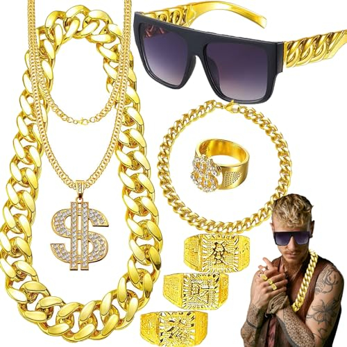DONGZQAN 8 Stück Gangster Zuhälter Kostüm Goldkette Fasching, Hip Hop Rapper Kostüm, 80er/90er Jahre Outfit Herren, Dollar Kette/Große Goldene Kette/Dollar Ring/Goldenes Armband
