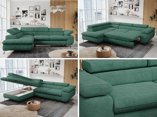 MKS MEBLE Ecksofa Sofa Grün, Wohnlandschaft L-Form mit Schlaffunktion und Bettkasten, Schlafsofa mit Bettkasten, Sofa mit Einstellbare Kopfstützen, Peter L - Grün Struktur - Links Grün
