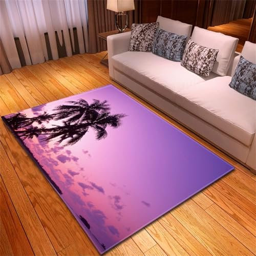 HATEGE Teppich Wohnzimmer 140 x 200 cm Waschbar Tropische Palmen, Outdoor Teppiche Kurzflor 3D Lila, Carpet Flauschig Tropische Palmen 1729AZ