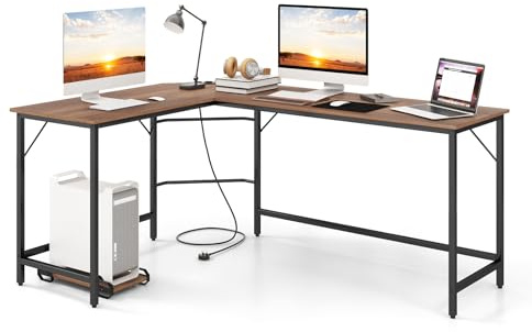 COSTWAY L-Shaped Computer Desk, 168 x 125 x 75cm Modern Large Corner Desk Writing Study Table with Power Outlet, Wooden Metal Frame Home Office PC Laptop Gaming Workstation (Natural)