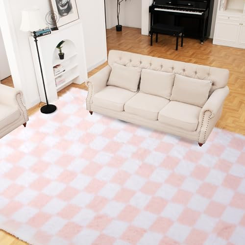 Superweicher Teppich für Schlafzimmer, 2,4 x 3 m, rosa und weiß, klassisch, kariert, zottelig, rutschfest, Hochflor, weicher flauschiger Teppich, flauschiger Teppich für Wohnzimmer, Schlafzimmer