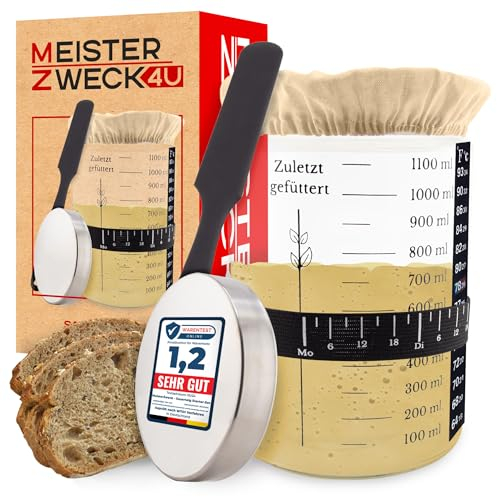 MEISTERZWECK4U Sauerteig Starter Set zum Brot backen - 1100ml Gärglas mit Thermometer, Fütterungsband, Schaber, Stoffabdeckung & Aluminium-Deckel - Sauerteig Glas Behälter - Zubehör für Brot backen