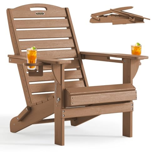 SUUNYN Adirondack Klappstuhl mit doppeltem Getränkehalter, Outdoor-Kunststoff-Terrassenstühle für Terrasse, Rasen, Feuerstelle, wetterbeständig, Holzstruktur, Teakholz