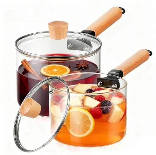 Teenyyou 2 Pcs Glass Pots 53 Oz/ 1.5 l and 67.6 Oz/ 2 l Glass Cooking Pot Glass Saucepan Glass Pots for Cooking on Stove Clear Pot Glass Simmer Pot Home Christmas Kitchen Lover Gifts(Smooth)