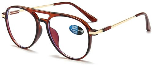 ABETOS Pilot Occhiali da lettura da uomo e donna, filtro luce blu, stile retrò, alla moda, da pilota, con aiuto per la lettura, con bordo pieno, marrone scuro., 1