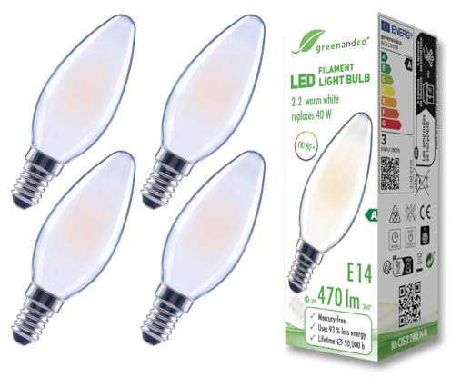 greenandco 4x Glühfaden LED Lampe | matt | E14 C35 | 2,2W 470lm | ersetzt 40W | 2700K warmweiß | 320° | 230V | flimmerfrei | Energieeffizienzklasse A | nicht dimmbar