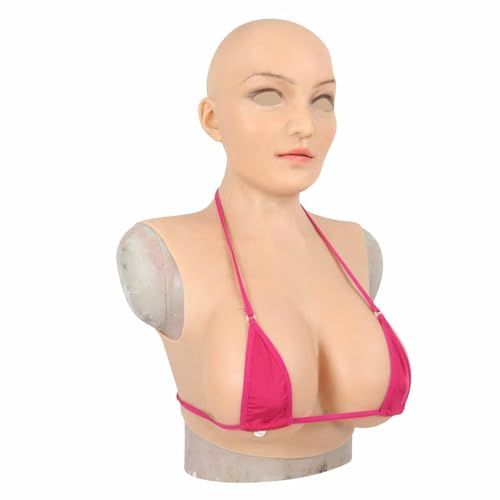 Donne Maschera Maschere di Testa in Silicone Viso Maschera Travestimento Femminile con Forme di Seno per Crossdresser Halloween Cosplay,Color 1,E Cup