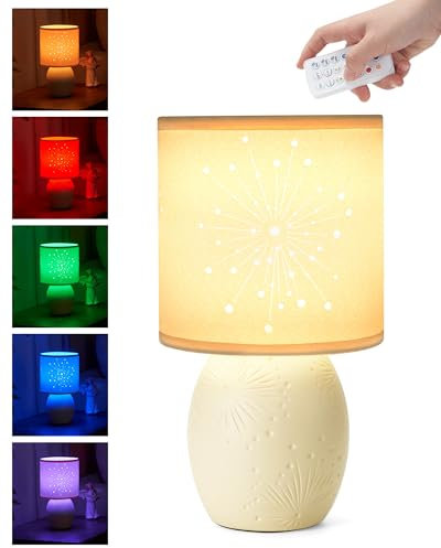 UMEXUS Cordless Rechargeable Table Lamp, Small Battery Operated Ceramic Nightstand Light with Remote, 12 Colors & Timer - Modern Lamp for Bedroom, Living Kids Room, Bedside, Outdoor, Patio, Bathroom