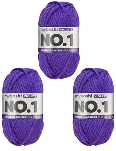 myboshi No.1 Wolle zum Häkeln und Stricken, Schnellstrickgarn, langlebige Mützenwolle, Strickwolle, Häkelwolle, mulesing-frei, 50g, Ll 55m Lila (Violett) 3 Knäuel