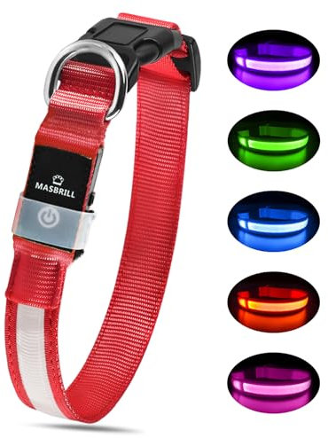 MASBRILL Leuchthalsband Hund, Hundehalsband Leuchtend Aufladbar, LED Halsband für Hunde Leuchtband Einstellbar Wasserdicht mit 3 Lichtmodi Sicherheit für Kleine Mittlere Große Hunde, Rot S