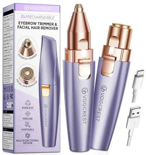 VG VOGCREST Augenbrauen-Gesichtstrimmer 2 in 1 Wiederaufladbare Gesichtshaarentfernung und Augenbrauenrasierer - Gesicht Lippen Körper Schmerzloser Gesichtsrasierer mit eingebauter LED (Violett)