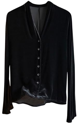 Chemises en velours pour femme - Style rétro - Manches longues - Col en V - Manches longues - Coupe droite - Élégante fête, soirée, mariage, A15 - Noir, L