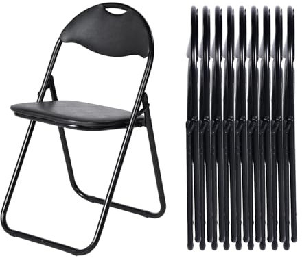 LuxNook Silla Plegable de Metal, Juego de 10 con Tapicería y Respaldo de PVC. Cómoda Silla Plegable para Invitados, Cocina, Camping - Negro