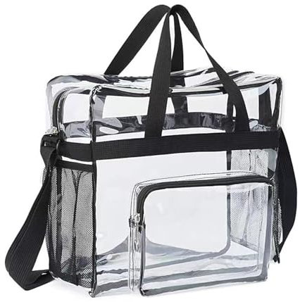 Transparente Tragetasche, PVC Tasche Clear Bag, 28 x 13 x 27cm Tasche Durchsichtig mit Reißverschlusstaschen, Bib Tasche Durchsichtig Stadion Zugelassen, Transparente Tasche für Bibliothek, Stadion