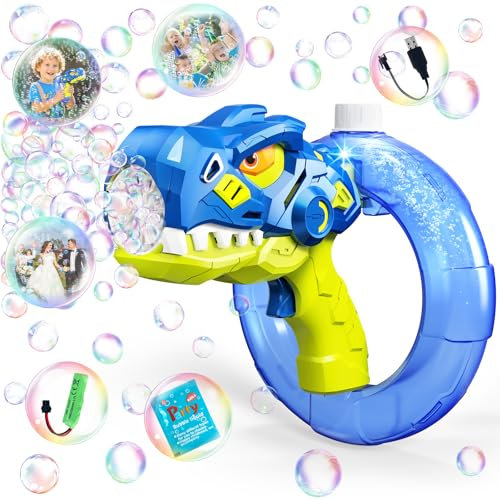 Dino Seifenblasenmaschine mit Akku 10000 Blasen/Min | Automatische Seifenblasenpistole für Draußen & Garten| Kinder Spielzeug 3 4 5 6 7Jahre | Bubble Gun for Kids |Geschenk für Geburtstag/Party (Blau)