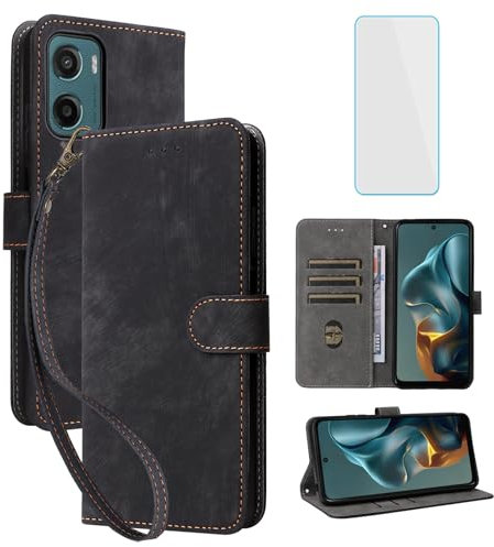 IUQXU for Motorola Moto E15/Moto G05 Wallet Phone Case with Screen Protector [RFID Blocking] Leather Card Holder Kickstand Women Men Cell Phone Case for Motorola E 15 G 05 Moto G o5 MotoGo5 Black