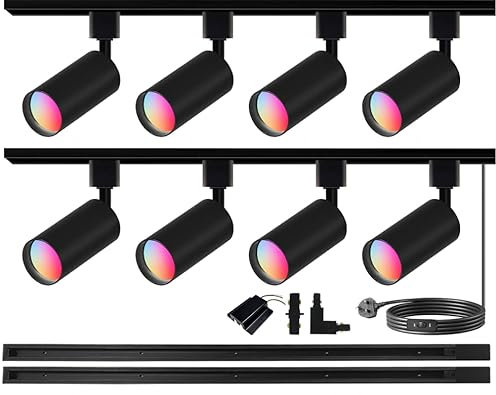 Bravsekai GU10 16-Color RGB Track Lighting Kit, 8-Pack Colour-Changing Spotlights with 2x1.5M H-Rail, IR Remote RGB Track Lights for Living Room, Home Parties, Nightclubs, Bars
