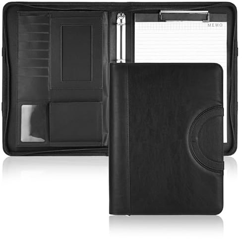 Cartella Portadocumenti A4 in Pelle PU Nera, Portfolio Professionale con Cerniera, Blocco Note, Tasche per Documenti, Tablet e Biglietti da Visita – Organizer da Conferenza, Business, Ufficio e Viaggi