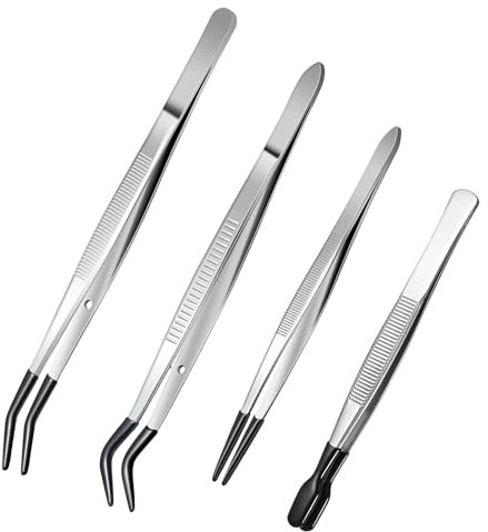 4 pinzas de punta redonda, pequeñas, curvas, puntas, de precisión, puntas de goma, puntas planas, pinzas de punta larga, para manualidades, joyería, laboratorio