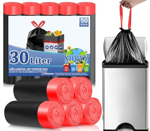 XIQIYY Schwarz Müllbeutel 30L mit Zugband Reißfest Mülltüten 25L Abfallbeutel,50 Stück Müllsäcke
