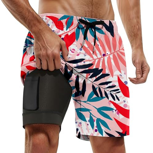 Short de Bain Homme 2 en 1, Maillot de Bain Homme Piscine Séchage Rapide avec Doublure de Compression Boxer de Bain Grande Taille Léger Shorts de Plage Natation Surf avec 2 Poches, Style Hawaïen 3XL