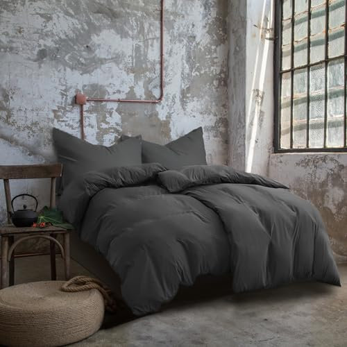 Komfortec Bettwäsche 155x220 4teilig Bettwäsche-Sets 2 Bettbezüge 155x220 cm + 2 Kissenbezüge 80x80 cm, Anthrazit mit Reißverschluss