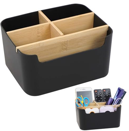 KNJOMZIE Organisateur de Bureau à 5 Compartiments – Boîte de Rangement de Bureau avec Séparateurs en Bambou – Pot à Crayons en Noir pour Télécommande, Stylos, Fournitures, Accessoires