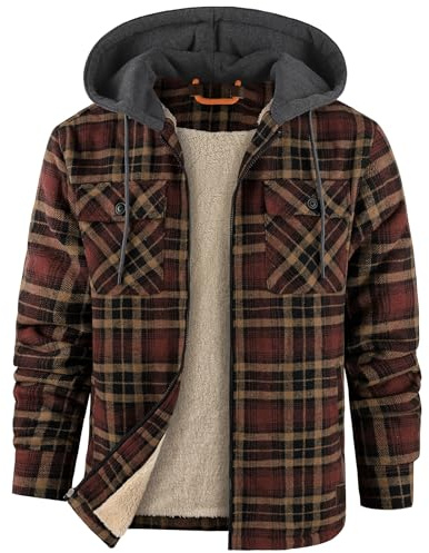 zitysport Chemise pour Homme Sherpa Polaire à Carreaux Doublée Veste à Capuche Doublure Manteau Veste d'hiver avec Poches Flanelle Chemise Hommes Carreaux Sweat Capuche(Café XL)