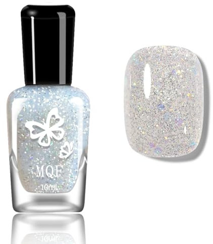 Glitter Nail Polish - Silver Glitter Nail Varnish - Diamond Flash Clear Glitter Polish - Quick Dry Nail Polish - Rainbow Sparkle Flash Shinny Silver Nail Varnish For DIY Nail Art