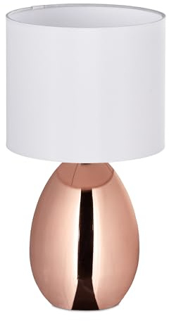 Relaxdays Tischlampe, Metallfuß, Stoffschirm, E14, HxD: 33,5x18 cm, Nachttischlampe mit Kabel, Schlafzimmer, Kupfer/weiß