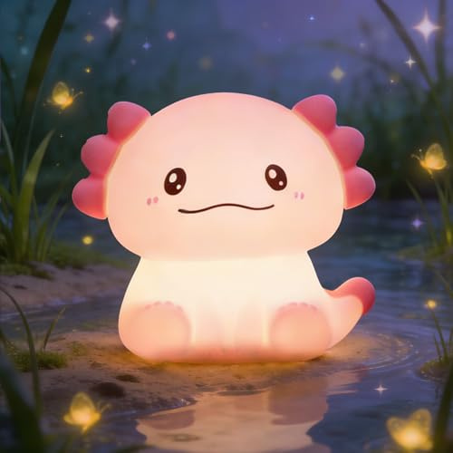 Gemmac Axolotl Nachtlicht Kinder, Süßes Axolotls Lampe Dimmbar Silikon Kinderzimmer LED Nachtlicht Tiere Wiederaufladbare Touch USB mit 30 Minuten Timer Zimmer Deko Geschenk für Baby Mädchen Frauen
