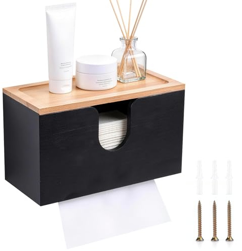 Handtuchspender für Papierhandtücher aus Bambus,27.5x16x13cm,Papierhandtuchspender Mit Wandmontage oder bei Tisch,Papierhandtuchhalter Mit Magnetdeckel,für C-,Z-,H2 Papierhandtüchern (Schwarz)