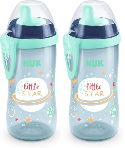 NUK Kiddy Cup Night Toddler Cup | 12+ Months | 300 ml | Leak-Proof Toughened Spout | Glow in the Dark | Clip & Protective Cap | BPA-Free | Blue (Pack of 2)