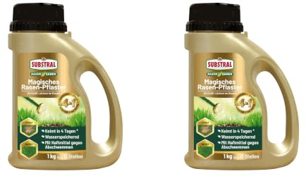 Substral 4in1 Rasen-Pflaster, Rasensamen + Keimsubstrat + Dünger, 1kg Streuflasche, Für dichte Rasenfläche & schnelle Rasenreparatur (Packung mit 2)