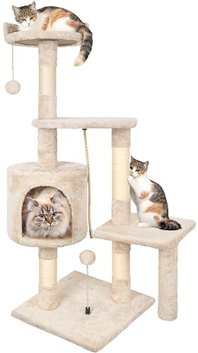 Kratzbaum, 112 cm Katzenbaum Stabil Katzenkratzbaum Klein | Aktivitätskratzbäume mit Kratzsäule Großer Plattform Katzenhaus Plüschbälle, Beige