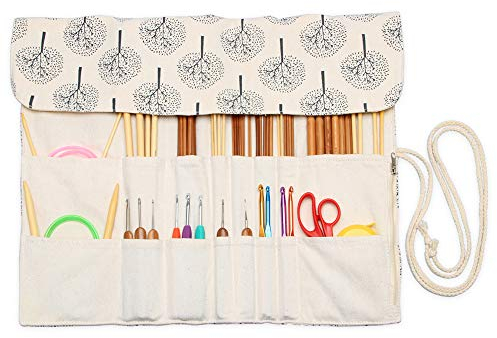 Teamoy Knitting Needle Wrap for Knitting Needles (up to 14-Inch/35.5cm), Crochet Hooks Circular Knitting Needles Storage Case with Slots, Tree (Accessories Not Included)