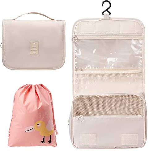 OrgaWise Kulturbeutel zum Aufhängen Kulturtasche Frauen Damen Waschtasche Unisex Kosmetiktasche Reise-Tasche mit Haken für wasserdichte Toiletry Bag (Beige)