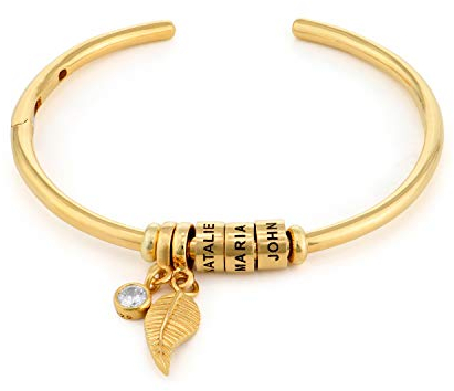 MYKA Personalisierten Kreisanhänger-Armreif mit Blatt und Beads™ aus Sterling Silber 925 / Vergoldet - Geschenk für Damen - Mutter - Freundin (750er vergoldetes 925er Silber)