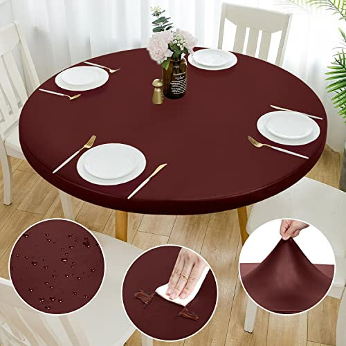 Rinpon Doppelte PU Runde Tischdecke, Anti-Tear Wischbare Elastische, Soft-Touch, Wasserdichte Ölfeste Fitted Tischdecke (Burgund, 49-52 Rund)