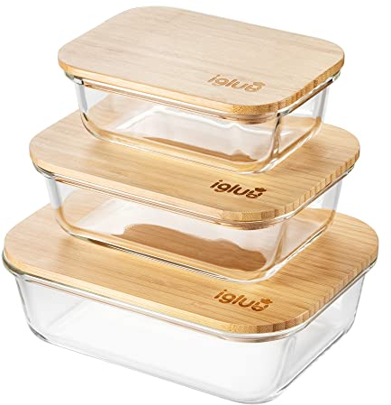 Igluu Meal Prep Glas Lebensmittel Frischhaltedosen (3er Set), Umweltfreundliche Lebensmittelbehälter mit Bambusdeckeln, ineinander stapelbare Glas Behälter, luftdichte Lunchbox (mit 3 Gummibändern)