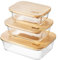Igluu Meal Prep Glas Lebensmittel Frischhaltedosen (3er Set), Umweltfreundliche Lebensmittelbehälter mit Bambusdeckeln, ineinander stapelbare Glas Behälter, luftdichte Lunchbox (mit 3 Gummibändern)