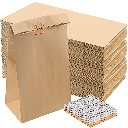 PINGEUI 100 PCS 24x13x8cm Brown Kraft Paper Bags with Stickers, Snack and Gift Bags