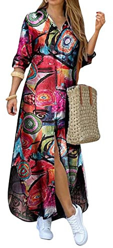 YMING Femme Robe Lâche Maxi Robes Chemises Boutonnées Robe Col Revers À Manches Longues Graffiti Rouge 3XL