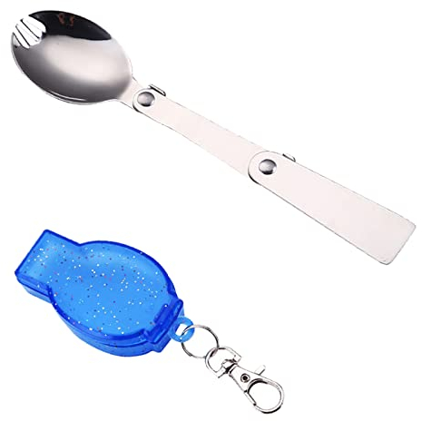 Titanium Spork with Blue Case Camping Cutlery Spork Reusable 304 Stainless Steel Folding Fork Spoon Spork for Outdoor Camping and Hiking