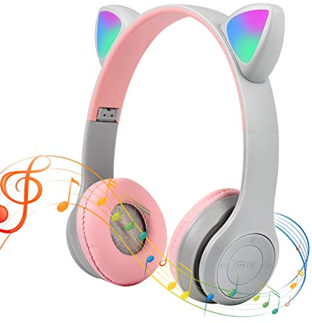 Cliplanyard Bluetooth Wireless Headphones for Kids, Cat Ear LED Light with Microphone, Over Stereo Children Headset TF Card/Wired Foldable Earphones Girls Boys Gift Age 7+ Grey