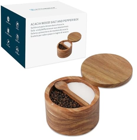 KITCHENDAO Acacia Wood Salt and Pepper Bowl Box,Built-in Spoon,Two Compartments Spice Seasoning Container,Sea Salt Cellar Holder,Built-in Spoon,Magnetic Swivel Lid,Dual 5oz Capacity