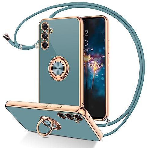 DUEDUE Coque pour Samsung A54 5G Cordon avec Anneau Rotatif, Protection Caméra Souple Fine Doublure Microfibre, Coque avec Bague et Corde Bandoulière Lanière Réglable pour Samsung A54, Gris Vert