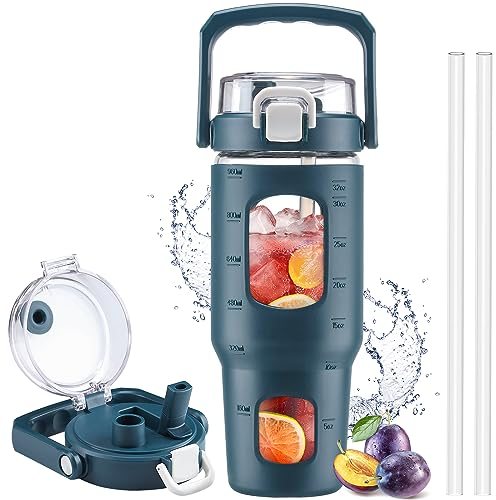 HYDRAGLAZIC 960ml Bouteille d'eau en Verre avec Paille et couvercle Gourde de Motivation avec Marqueur de Temps et Poignée Sans BPA Anti-fuite pour Auto Gym Extérieur, Bleu