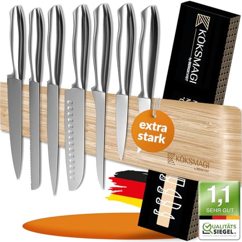 KÖKSMAGI® Barre magnetique pour couteaux (50 cm) - porte couteaux en bambou avec aimant extrêmement puissant pour couteaux lourds - avec accessoires pour coller & percer